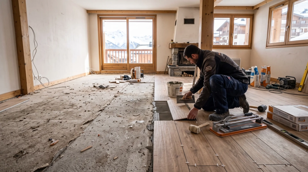 Rénovation d'un séjour de station avec changement de revêtement de sol à Val-d'Isère