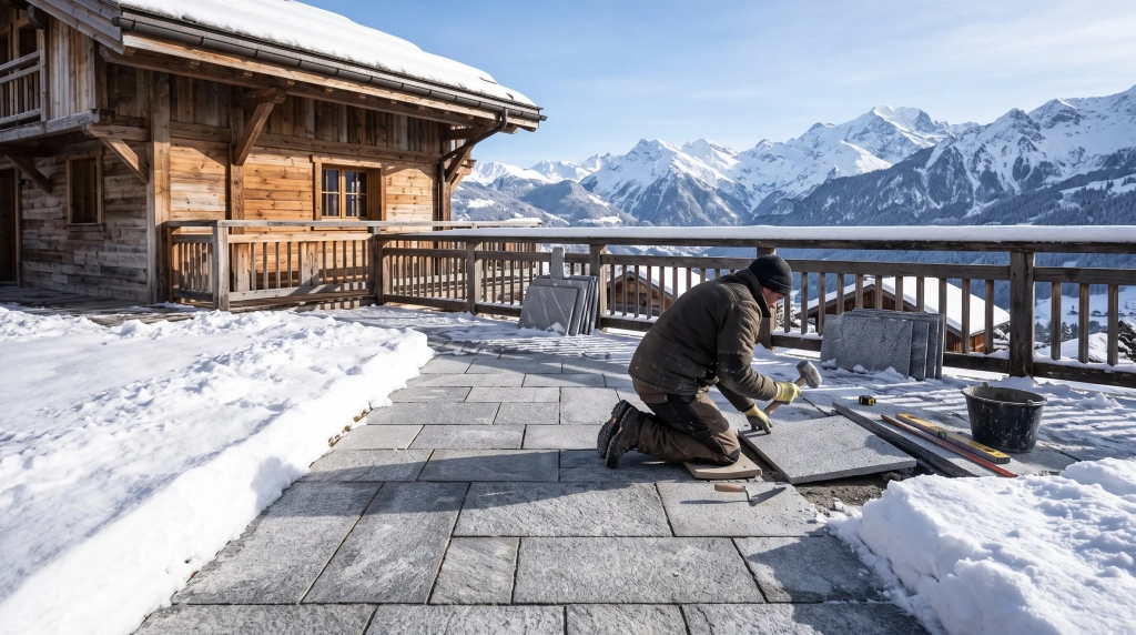 Terrasse de chalet en dallage en granit flammé entourée de neige en Savoie