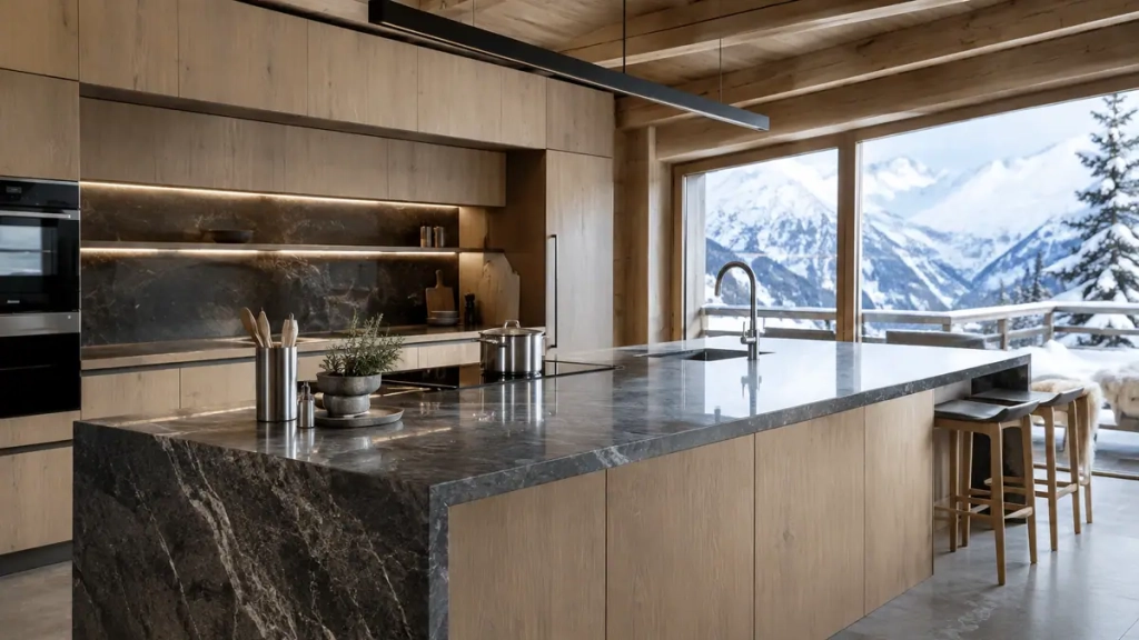 Plan de travail en pierre naturelle dans une cuisine de chalet à Val-d’Isère