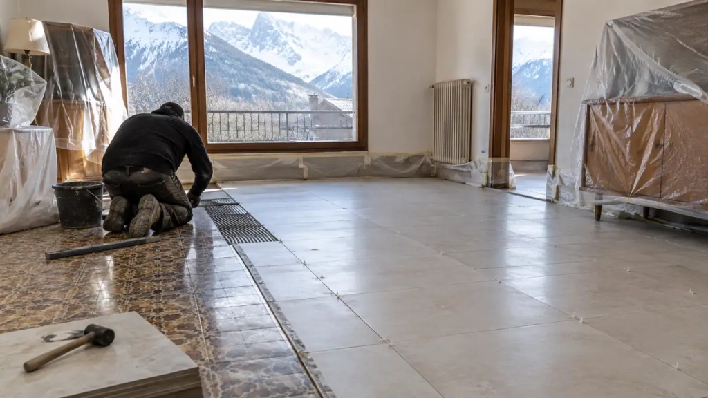 Carreleur posant un grès cérame lors d’une rénovation de sol à Ugine