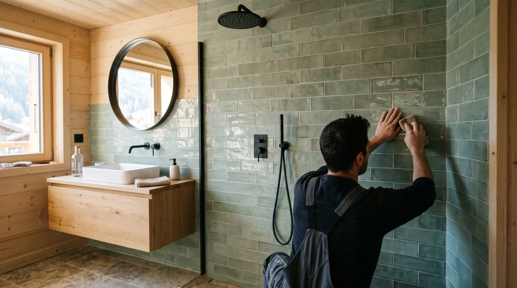 Mur de douche en faïence émaillée verte après une pose de faïence en Savoie