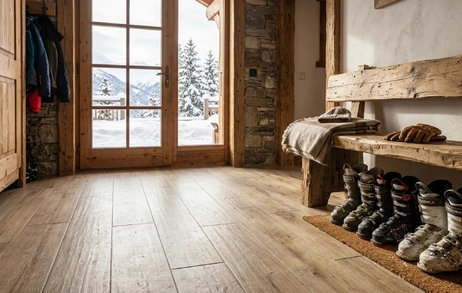 Carrelage imitation bois en Savoie : pourquoi le grès cérame effet bois gagne du terrain sur le parquet dans les chalets
