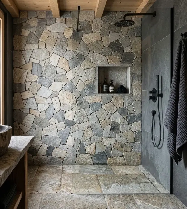 Douche à l'italienne en mosaïque et pierre naturelle posée par un carreleur en Tarentaise
