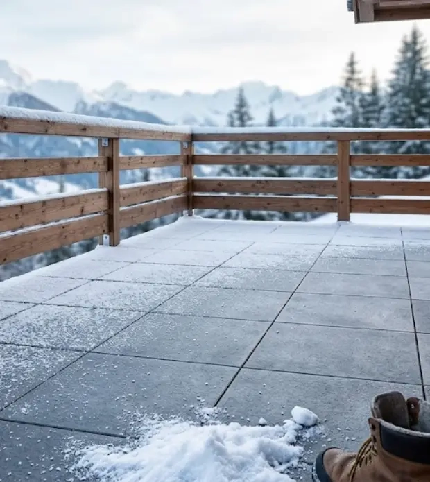 Terrasse de chalet en carrelage antidérapant ingélif posé par un carreleur de Val-d'Isère