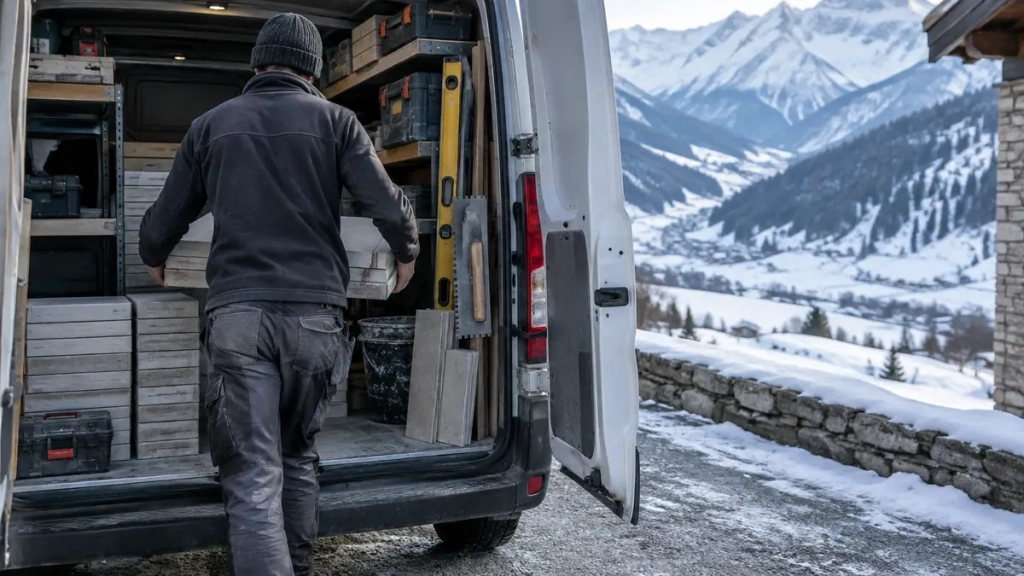 Carreleur chargeant son matériel pour un chantier de carrelage en vallée de Tarentaise