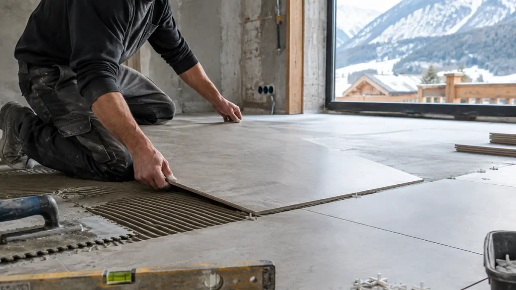 Artisan posant un carreau de grès cérame lors d’une pose de carrelage à Albertville