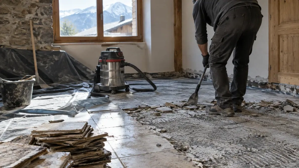 Dépose d’un ancien carrelage avant rénovation de sol dans une maison savoyarde